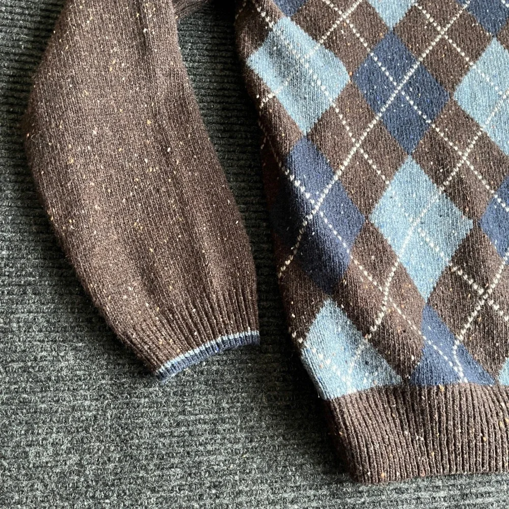 Jos. A. Bank 1906 Argyle V-Neck Sweater Mens Large Brown Blue Wool Blend NWT